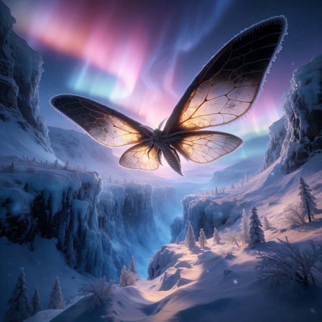 A cathedral-sized mothlike creature glides above a frozen ravine, its translucent wings veined with amber light and fringed with frost. Tiny mountain pines cling to the cliffs as aurora colors ripple across the snow. — Krea 2 Medium