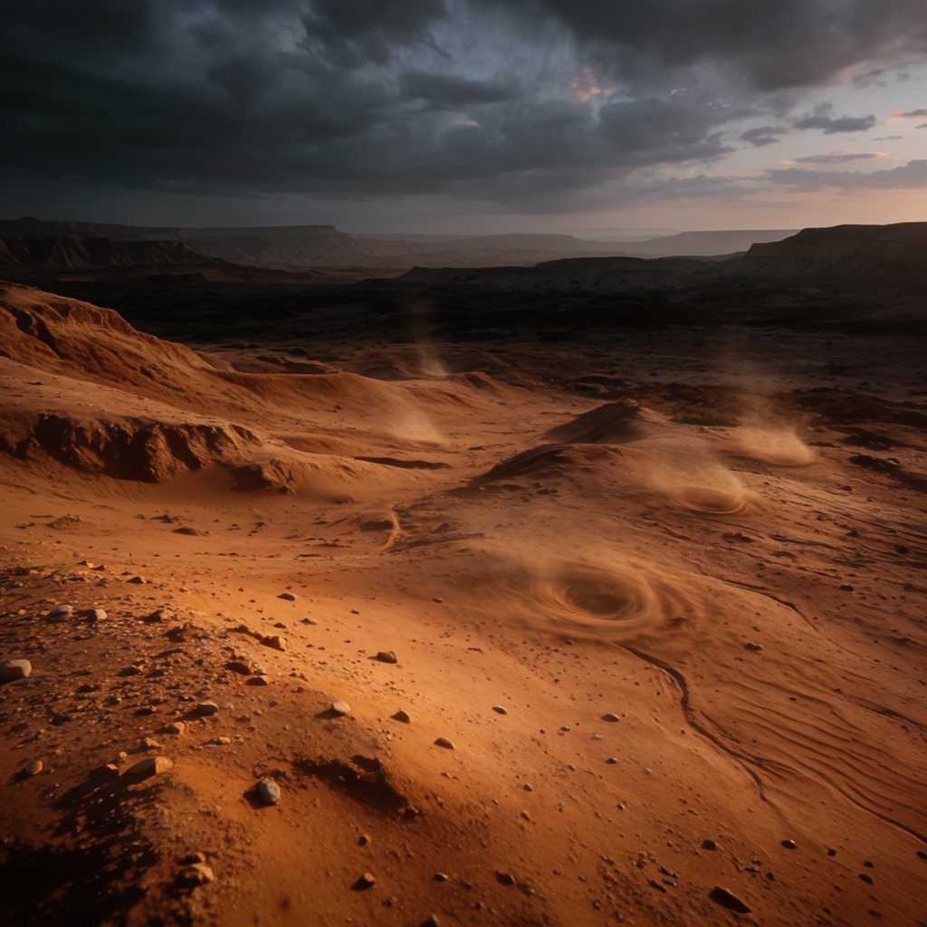 Wind-driven dust devils spiral across ochre badlands beneath a storm-clearing late-afternoon sky; pebble-studded clay ridges and tiny erosion grooves sharpen nearby, while layered mesas recede through veils of rain. — Krea 2 Large