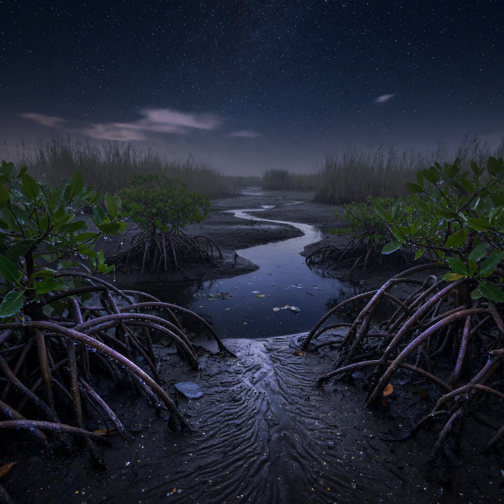 A mangrove delta spreads beneath a star-filled midnight sky after a humid shower; rain-beaded roots and fine silt ridges sharpen the foreground, while winding channels vanish among distant reed islands. — Grok Imagine Image Quality