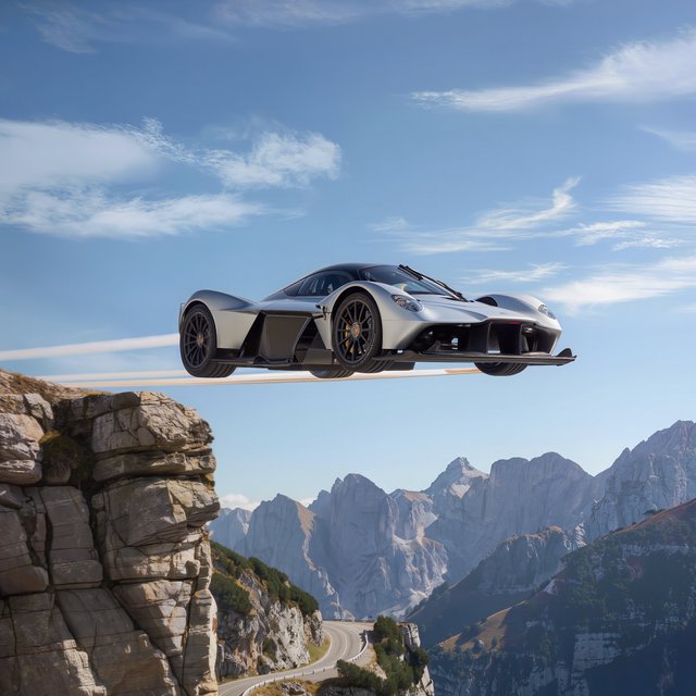 A sports car in a daredevil stunt has driven off a road from a high cliff, attempting to fly and land on the road on the next cliff. Beautiful mountainous background, sunny blue sky. Show motion, speed, and action. — Kling v3