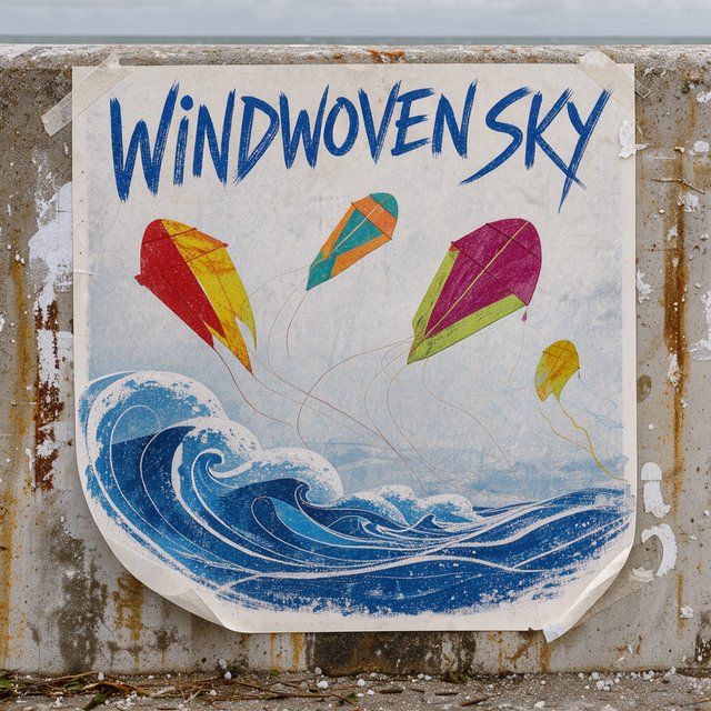 On a salt-stained seawall, a printed poster for a kite-making exhibition shows bright diamond kites sweeping above blue waves; “WINDWOVEN SKY” is screen-printed in sweeping cobalt script, with no other legible writing. — Model 2