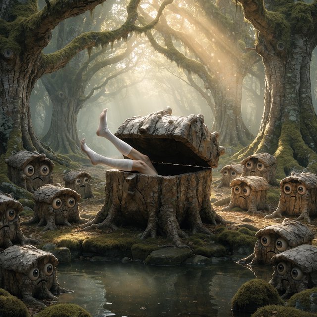 An adult swallowed by an inert mimic chest, with their legs in stockings sticking out of the chest and kicking around. A bunch of envious, cute mimic chests surround it, looking obviously jealous. — Recraft v4 Pro