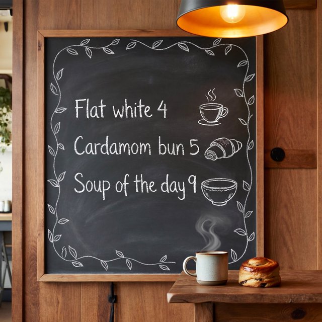 A café chalkboard listing exactly three items: "Flat white 4", "Cardamom bun 5", "Soup of the day 9", in neat chalk handwriting. — ImagineArt 2