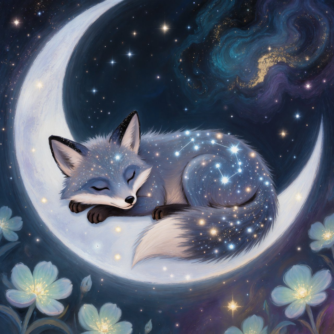 A miniature, intricately detailed fox crafted from living constellations, curled asleep atop a crescent moon. Surrounding it are delicate, bioluminescent flowers that pulse with gentle light, casting intricate shadows. The background is a deep indigo sky filled with swirling nebulae and distant, twinkling stars. The overall aesthetic is dreamlike and whimsical, with a painterly finish and a touch of cosmic wonder. — Kling v3 Omni