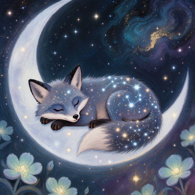 A miniature, intricately detailed fox crafted from living constellations, curled asleep atop a crescent moon. Surrounding it are delicate, bioluminescent flowers that pulse with gentle light, casting intricate shadows. The background is a deep indigo sky filled with swirling nebulae and distant, twinkling stars. The overall aesthetic is dreamlike and whimsical, with a painterly finish and a touch of cosmic wonder. — Kling v3 Omni