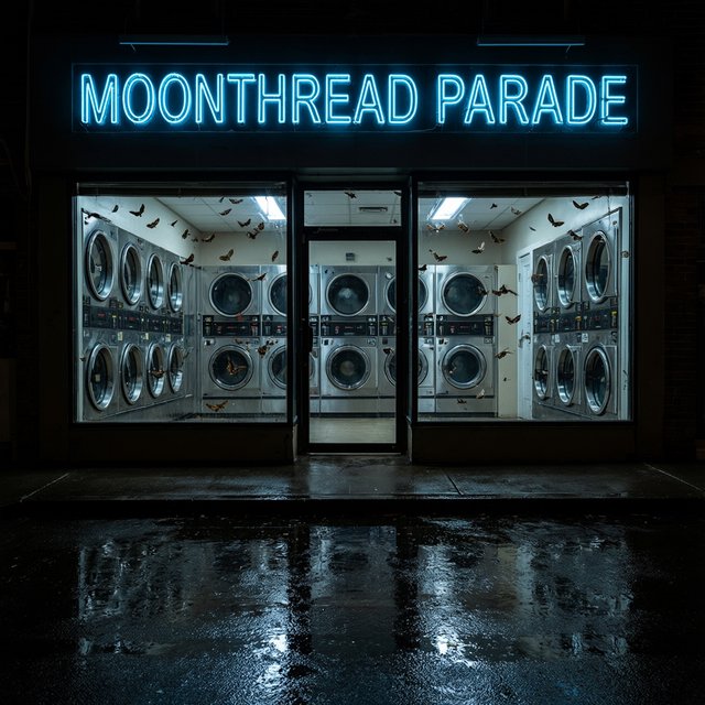 At midnight, moths circle the laundromat’s glowing round windows while chrome washing machines gleam inside; “MOONTHREAD PARADE” shines in icy blue neon above the entrance, reflected across the wet pavement, with no other lettering visible. — Qwen Image 3.0 Pro