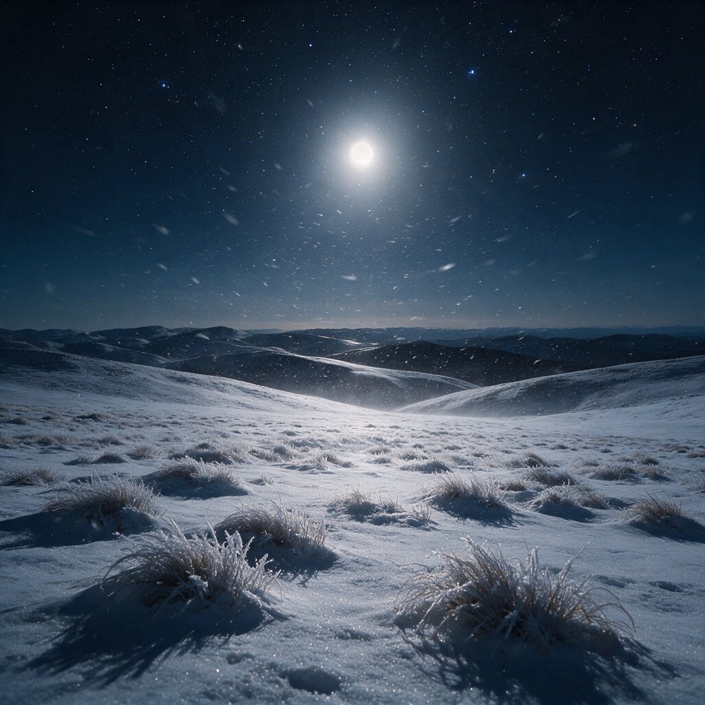 Moonlight washes a snowbound high plateau beneath sharp stars, while dry flurries cross the midnight air; frost feathers the foreground tussocks, and dark, rolling ridgelines recede into a blue-black distance. — Seedream 5.0 Pro