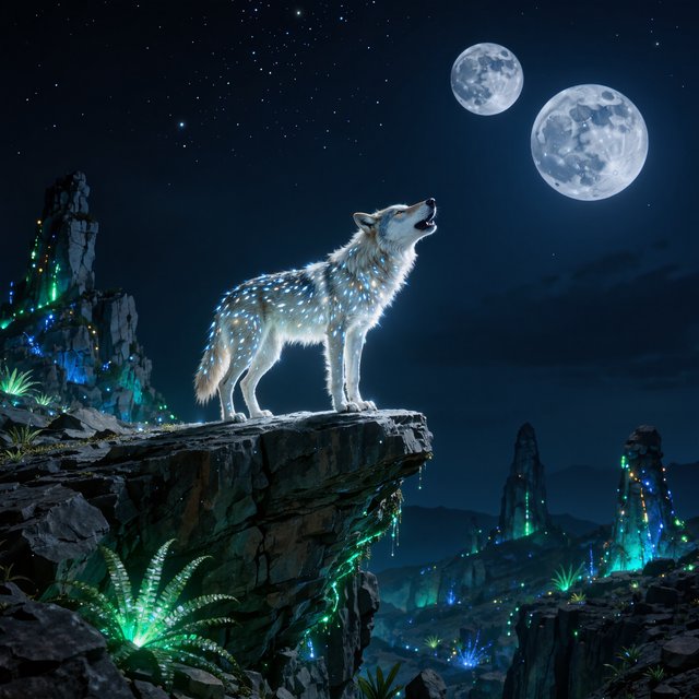 A solitary wolf, its fur subtly infused with shimmering, bio-luminescent patterns, howling at a sky filled with twin moons. The wolf stands on a cliff overlooking a vast, alien landscape dotted with strange, glowing rock formations and spectral, phosphorescent vegetation. — Kling v3 Omni