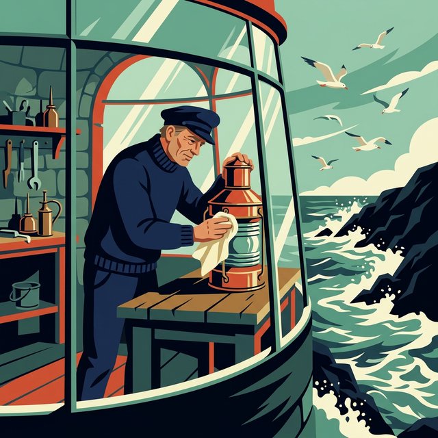 Flat-vector illustration of an adult lighthouse keeper polishing a brass lantern in a windswept tower, gulls circling beyond the glass and foam tracing black rocks below. Palette of sea-glass green, cream, vermilion, and navy. — Nano Banana 2.1