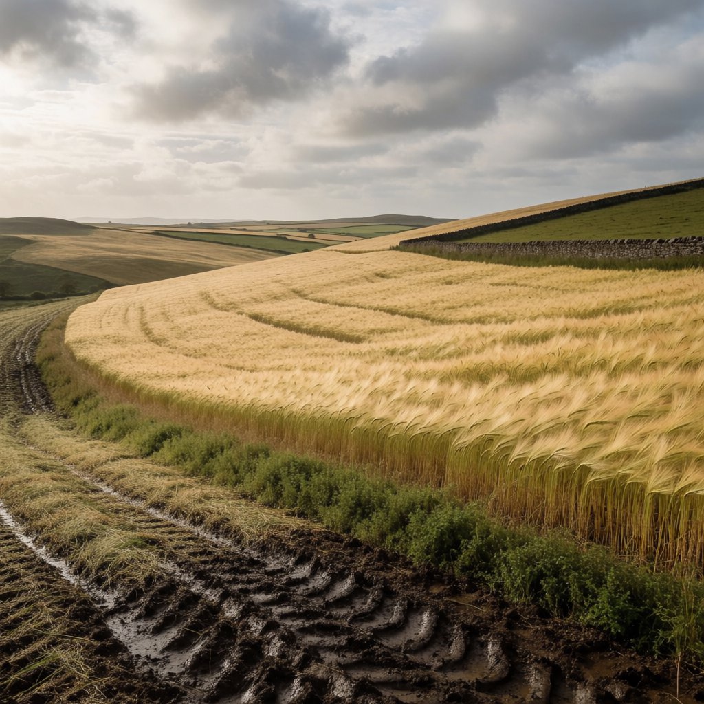 Golden barley fields ripple beneath a vast sky as a cool morning breeze follows overnight showers; muddy tractor furrows glisten in the foreground, guiding the eye past a weathered stone boundary toward low hills under broken clouds. — Krea 2 Medium