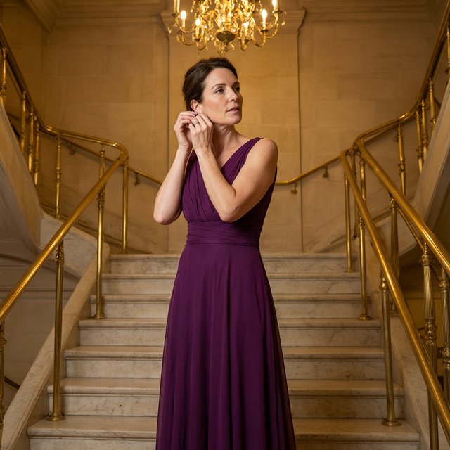 At the landing of a marble staircase, an adult woman in a plum evening gown pauses to fasten an earring, caught in warm chandelier light; polished brass rails and soft shadows lend the scene the poise of a fashion magazine. — Qwen Image 3.0 Pro
