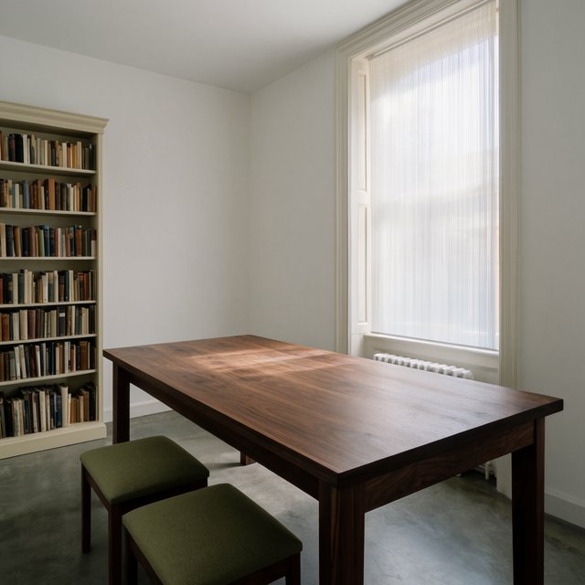 A quiet mapmaking room contains exactly one walnut drafting desk at the center, two moss-green stools side by side along its west edge, and one cream bookcase against the north wall; pale morning light, nothing else. — Krea 2 Large