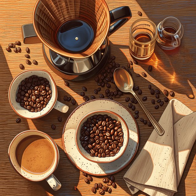 Overhead flat lay of a ceramic pour-over coffee set on oak, roasted beans scattered, a folded linen napkin, warm natural light. — Midjourney Niji 7