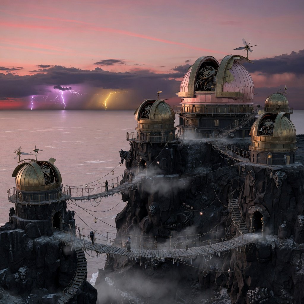 A wind-carved observatory crowns black cliffs above a silver inland sea, its open brass domes catching the last rose light. Salt mist drifts through suspended bridges as distant storms flicker beyond the horizon. — Grok Imagine Image Quality
