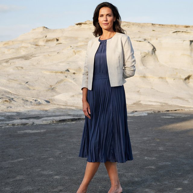Across a basalt terrace, an adult woman in her early forties poses in a full-length fashion photograph, wearing a pleated indigo silk dress and cropped linen jacket, her composed half-smile lit by hard afternoon sunlight from one side against a pale limestone ridge. — Ideogram v4.5
