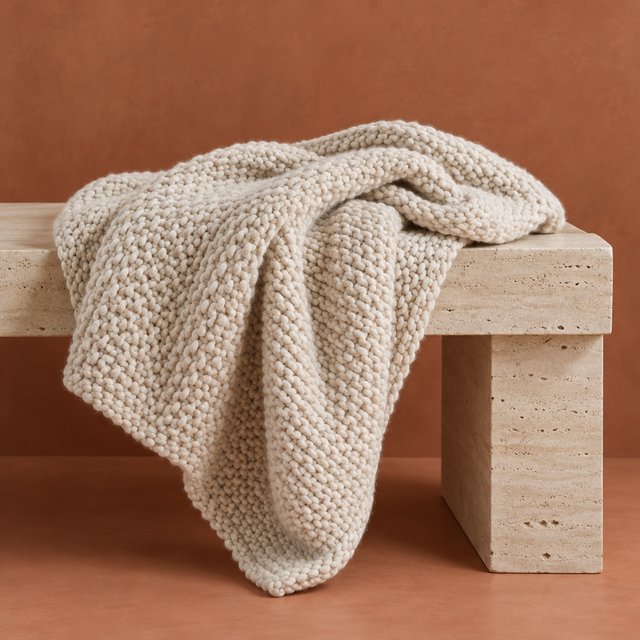 Soft folds of an unbranded chunky-knit wool throw rest on a pale travertine bench; its looped surface catches broad diffused key light and gentle side fill against a muted terracotta studio background, forming a clean commercial product image with no lettering. — Model 3