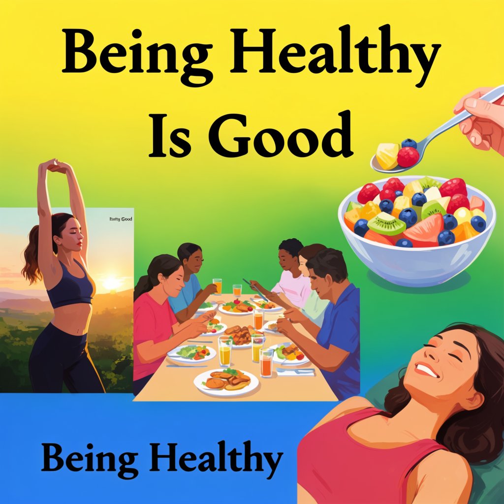 An image relating to good health and happiness. The words “Being Healthy Is Good” appear in the background at least a couple of times. 4–7 moments. — Krea 2 Large