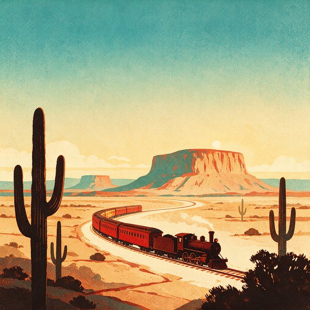 At dawn, a scarlet desert train curves past saguaro silhouettes toward a mesa; screen-printed gouache illustration in mid-century travel-poster style, palette of rust, turquoise, sand, and cream, no lettering. — Seedream 5.0 Pro