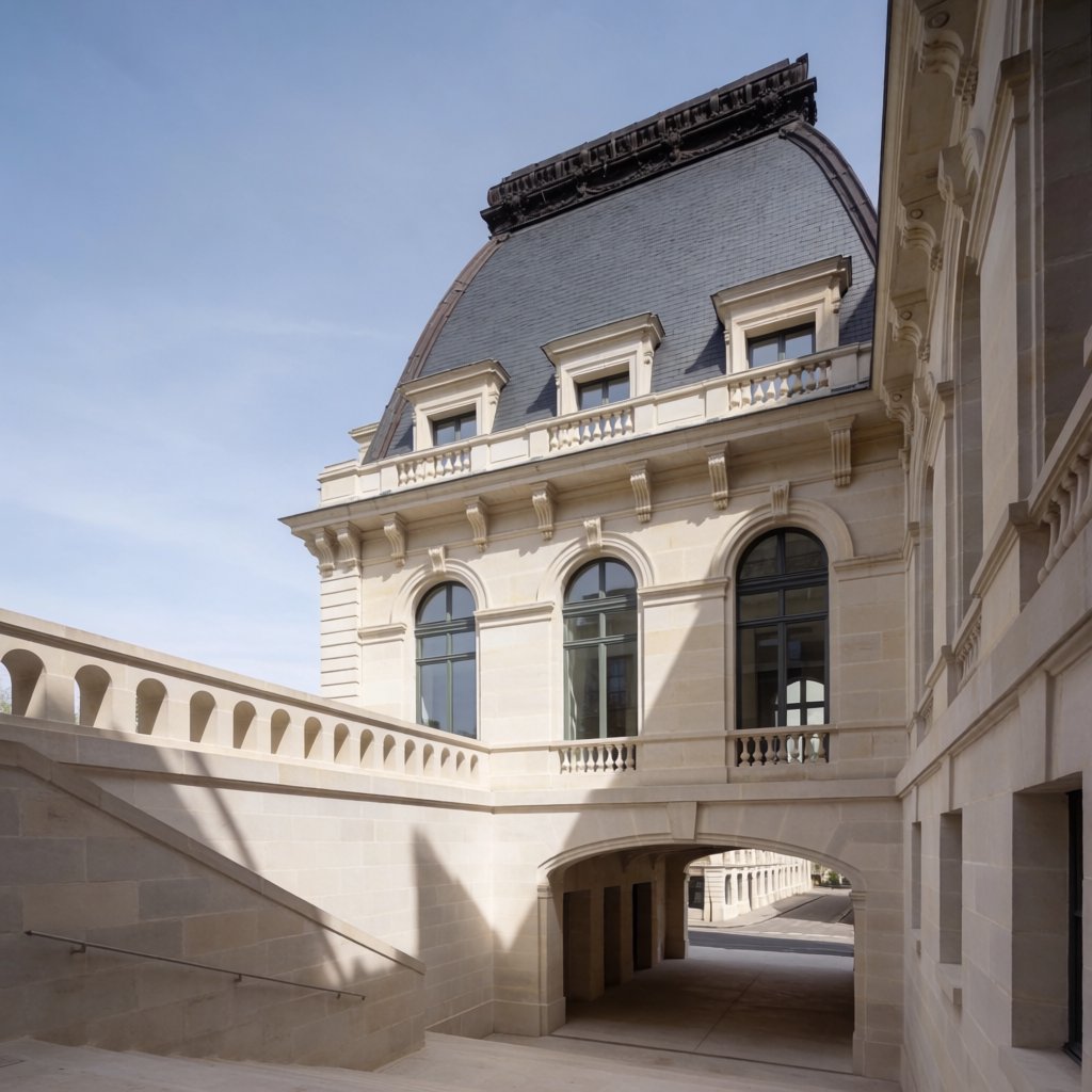 Exterior of a French Second Empire town hall with pale limestone, a dark mansard roof, copper cresting, and tall arched windows; clear spring light falls across the entrance terrace, viewed from the quiet street corner, precise lines and believable construction. — Krea 2 Medium