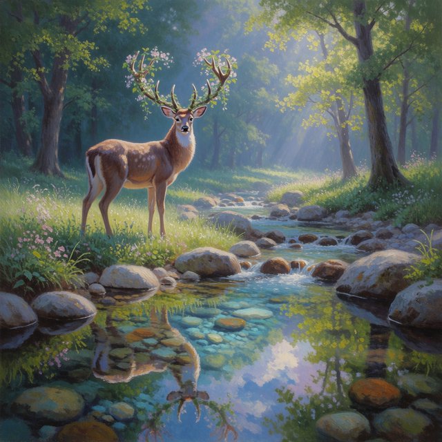 A majestic deer, its antlers intertwined with blooming vines, pauses by a crystal-clear stream in an enchanted glade. Sunlight filters through the canopy, dappling the forest floor. This is an oil painting with a rich, textured surface, capturing the dreamlike atmosphere of the scene. — Krea 2 Medium