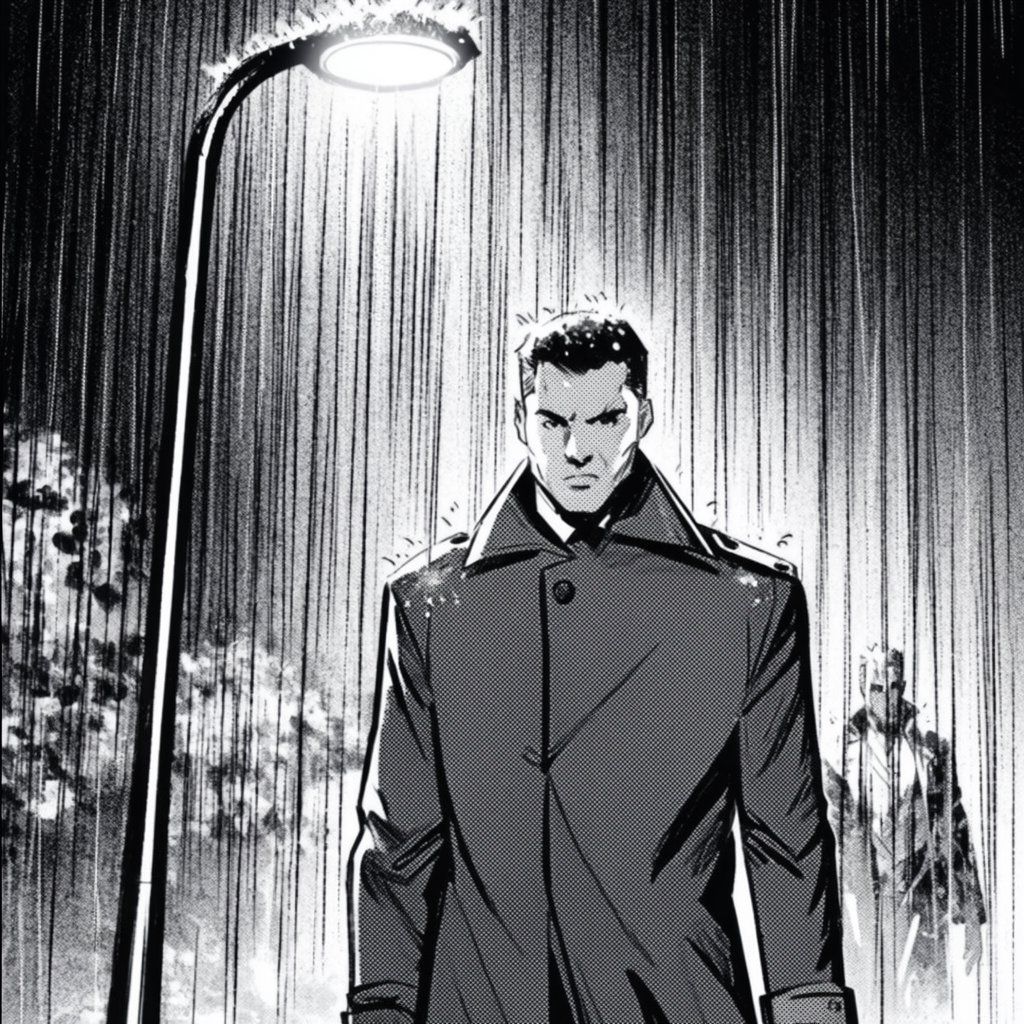 Comic panel of a detective in a trench coat under a streetlamp in the rain, bold ink, halftone shading, no speech bubbles. — Krea 2 Large