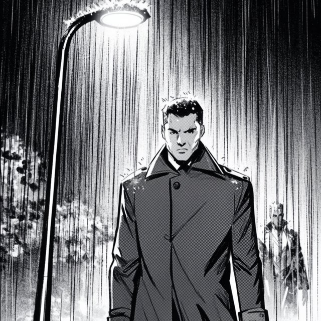 Comic panel of a detective in a trench coat under a streetlamp in the rain, bold ink, halftone shading, no speech bubbles. — Krea 2 Large