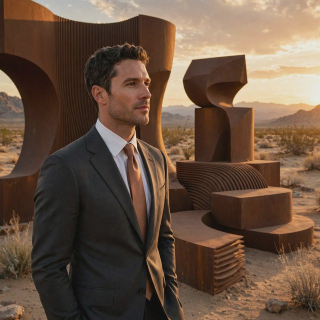 Editorial glamour photograph of an adult man in a charcoal evening suit with a muted copper tie, standing at ease beside a desert art installation, flattering sunset light warming the sculptural landscape, composed expression and refined magazine atmosphere. — Muse Image 1.0