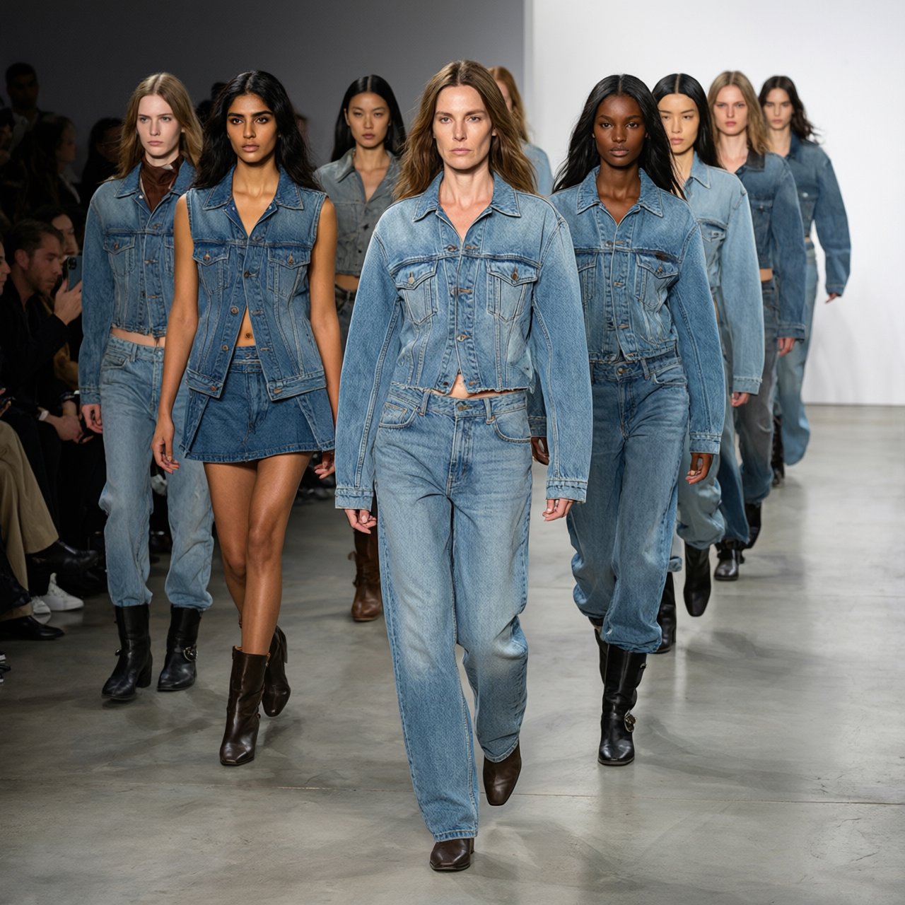 Adult female fashion models on the runway. There are models of all races: white, Black, Asian, Mexican, Indian, mixed race, etc. The vibe is cool and fierce. Many angles. — Qwen Image 3.0 Pro
