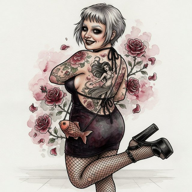 A realistic India ink illustration with crisp black lines depicting a realistic scene, anatomy, and proportions. The ink lines are colored with watercolors, while the black lines remain visible. Full-length composition. A 25-year-old woman named Mandy has a round face and short, trendy hair dyed grayish white. She wears a short, tight halter-top dress with a backless design, fishnet stockings, and high platform heels. She carries a tiny fish-shaped purse over one shoulder. She has smoky eyes and dark brown lipstick. Her entire back is covered with a huge tattoo of a dancing adult woman surrounded by a swirl of roses and rose petals. She poses for a picture in rear view, standing on one foot with the other foot raised and knee bent. She looks at us over one shoulder, making eye contact with the camera and smiling. — Grok Imagine Image Quality