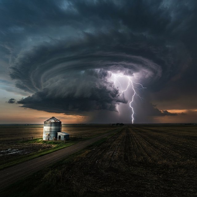 A supercell thunderstorm over flat farmland, lightning inside the cloud, a lone grain silo, dramatic but realistic. — Nano Banana 2 Lite