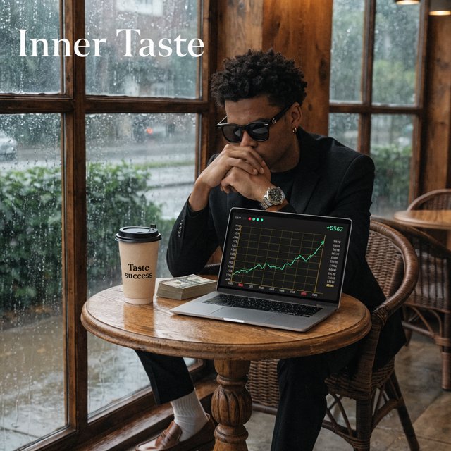 Realistic, a man wearing a black suit and cool shades with the word “G” on them, sitting near a table in a friendly coffee shop with the words “Inner Taste” displayed in the shop, coffee on the table, a coffee cup with the words “Taste like success,” a stack of money on the table, a high-end laptop displaying a successful trade, and rain pouring outside. The vibe is calm and chill. — Recraft v4
