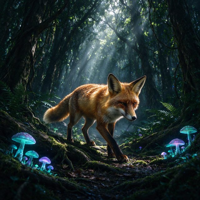 A cunning fox with fur like molten gold cautiously steps through a dense, ancient forest. Shafts of light pierce the canopy, illuminating dust motes dancing in the air. Strange, glowing mushrooms cast an otherworldly light on the moss-covered ground. The style is a blend of dark fantasy illustration and hyperrealism, with a focus on dramatic, cinematic lighting. — Seedream 5.0 Flash
