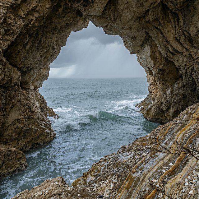 Inside a blue-grey sea cave, incoming swells curl over ribbed limestone beneath a clearing rain squall in late afternoon; wet mineral bands and shell fragments sharpen the entrance ledge, while the cavern mouth frames hazy open water. — Qwen Image 3.0 Pro