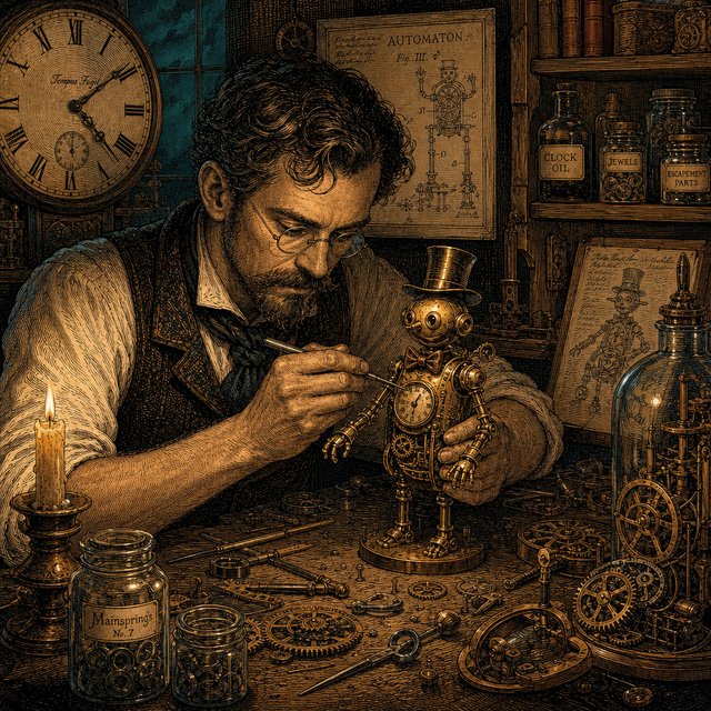 Engraved ink illustration of an adult clockmaker assembling a whimsical brass automaton in a candlelit workshop, with gears, springs, and glass jars surrounding the bench. Palette of charcoal, copper, teal, and honey yellow, with crisp crosshatching and warm shadows. — GPT Image 2