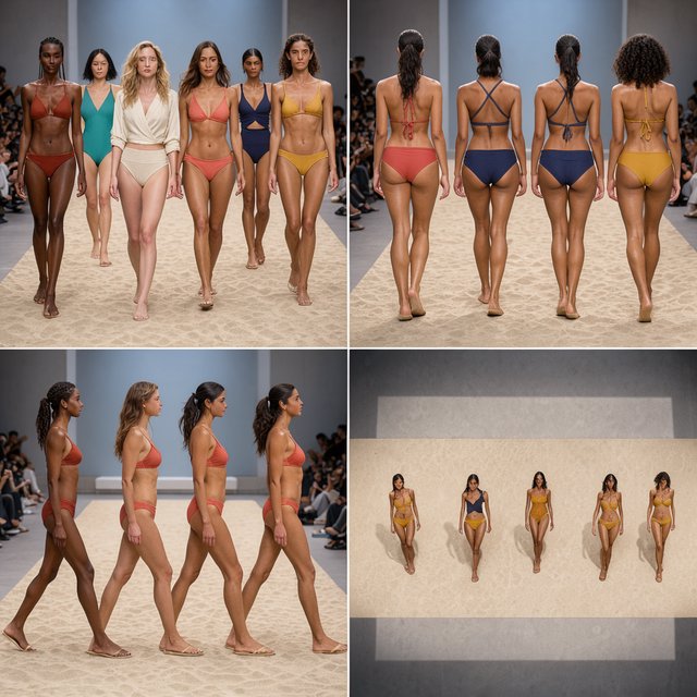 Realistic adult female models on the runway in beachwear. 4–7 models. Full front, back, side, and aerial views. — Model 2