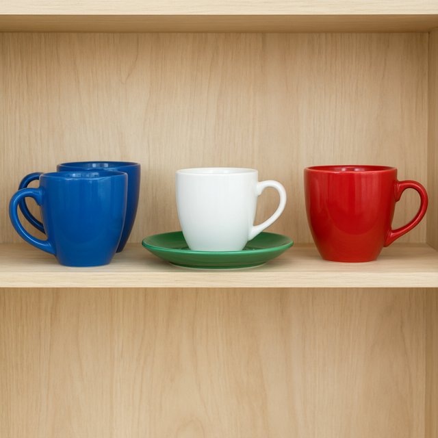 Exactly four ceramic mugs sit on a pale wooden shelf: two blue mugs on the left, one white mug in the center, and one red mug on the right. A green saucer is beneath the center mug, nothing else. — Qwen Image 3.0
