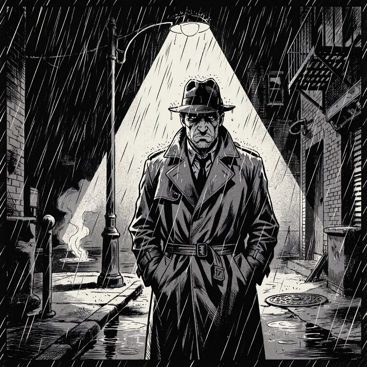 Comic panel of a detective in a trench coat under a streetlamp in the rain, bold ink, halftone shading, no speech bubbles. — ImagineArt 2