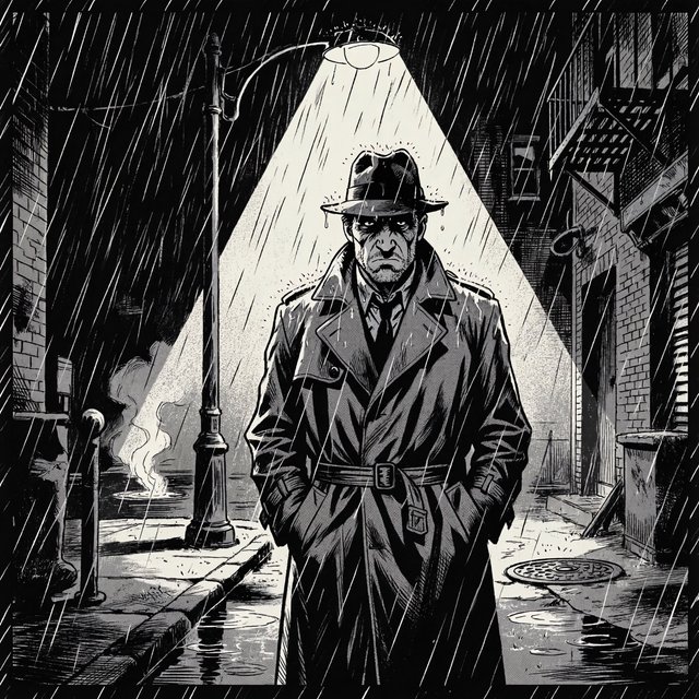 Comic panel of a detective in a trench coat under a streetlamp in the rain, bold ink, halftone shading, no speech bubbles. — ImagineArt 2