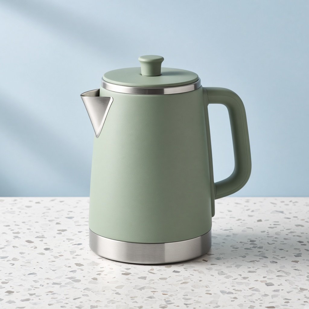 Commercial product photograph of an unbranded electric kettle made from matte sage ceramic and brushed stainless steel, resting on a white terrazzo surface against a pale blue background, with soft window light from the left and a delicate grounding shadow. — Grok Imagine Image 2