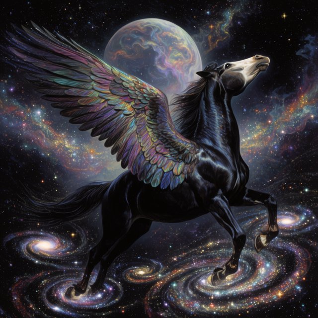A majestic winged horse, with iridescent feathers and a coat like polished obsidian, is soaring through a celestial realm filled with nebulae and shimmering stardust. Around its hooves, tiny galaxies spiral outwards. The style is reminiscent of intricate fantasy illustration, with glowing, ethereal colors and a sense of deep cosmic wonder — Krea 2 Large