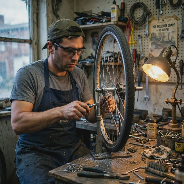 Candid documentary photograph of an adult bicycle mechanic tightening a wheel in a modest repair shop, cool window light mixing with a warm work lamp, 35mm lens with moderate depth of field, fine metal filings caught on the workbench. — Muse Image 1.0
