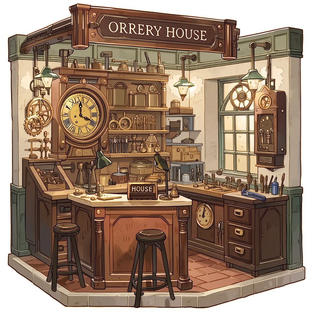 Inside a quiet clockmaker’s workshop, brass gears and tiny tools gleam beneath green-shaded lamps; "ORRERY HOUSE" is engraved in crisp serif letters on a dark walnut sign above the repair counter. — Midjourney Niji 7