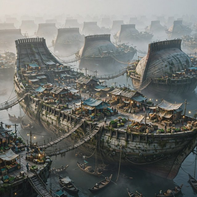 A floating market city built on the hulls of giant upturned ships, rope bridges, morning haze, wide establishing shot. — Muse Image 1.0