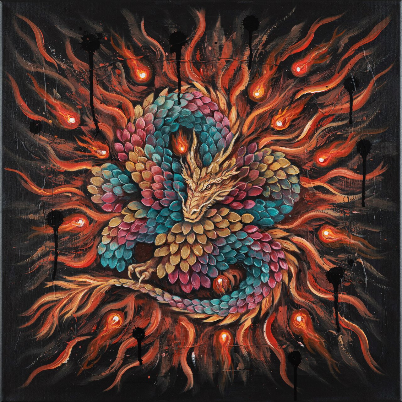 An abstract tapestry woven from the dreams of a sleeping dragon, depicted as a chaotic yet beautiful explosion of iridescent scales, fiery embers, and swirling smoke. The composition is dynamic and energetic, with bold brushstrokes and a rich, textured surface. The style is abstract expressionism, capturing the raw, untamed essence of draconic power. — Ideogram v4