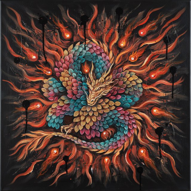 An abstract tapestry woven from the dreams of a sleeping dragon, depicted as a chaotic yet beautiful explosion of iridescent scales, fiery embers, and swirling smoke. The composition is dynamic and energetic, with bold brushstrokes and a rich, textured surface. The style is abstract expressionism, capturing the raw, untamed essence of draconic power. — Ideogram v4