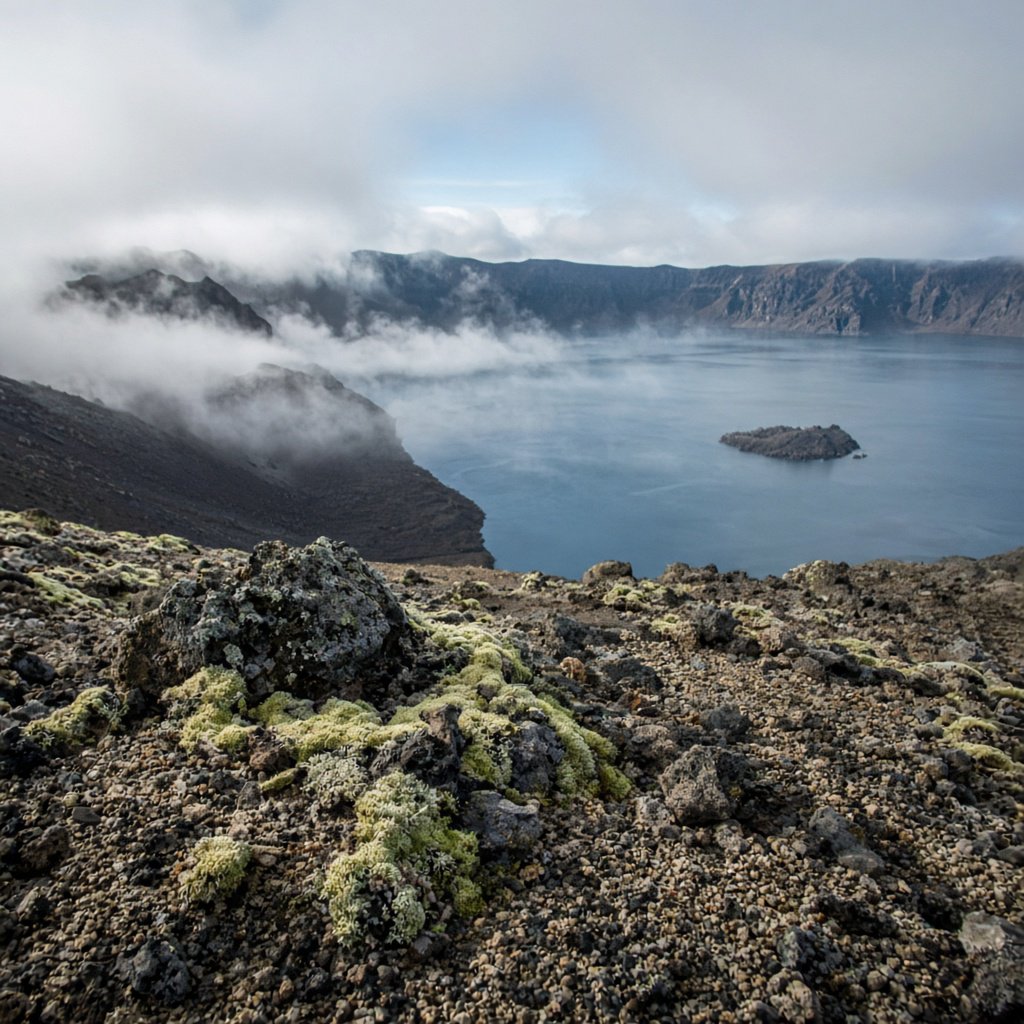 At first light, a rain-cleared volcanic caldera lake lies beneath thinning fog; pumice grains and damp lichen sharpen the near shore, while dark cinder slopes step back toward a distant rim. — Grok Imagine Image 2