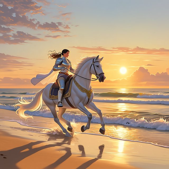 An adult female warrior on her white steed galloping along a fine-sand beach at sunset. — Midjourney Niji 7