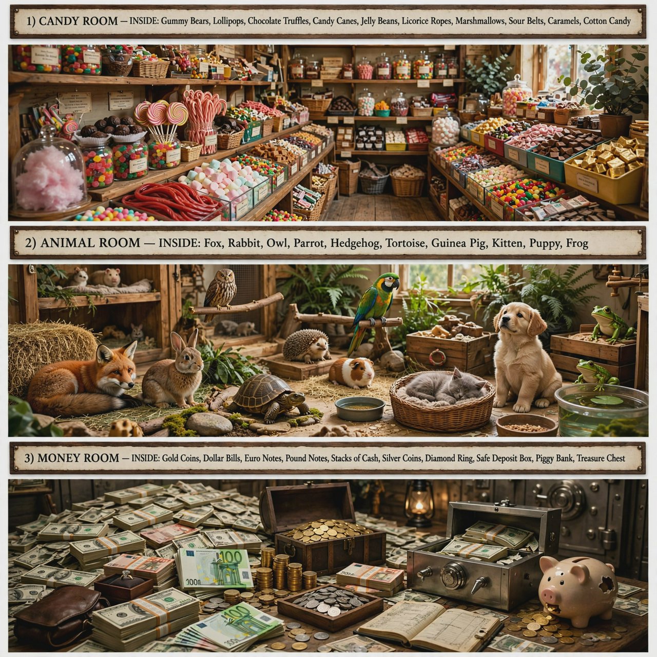 Realistic. Three scenes in one. 1) A room filled with many types of candy. 2) A room filled with many kinds of animals. 3) A room filled with all kinds of money. Above each room, a list names what is inside. — Muse Image 1.0
