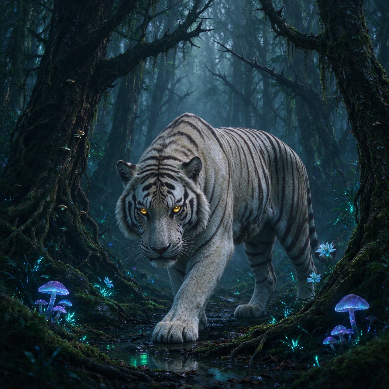 A majestic white tiger with eyes like molten gold, walking through a misty, ancient forest. Strange, bioluminescent flora casts an ethereal glow on the gnarled trees and moss-covered stones. The atmosphere is one of profound mystery and quiet solitude. Rendered in the style of detailed matte painting with a touch of dark fantasy concept art. — Seedream 5.0 Flash