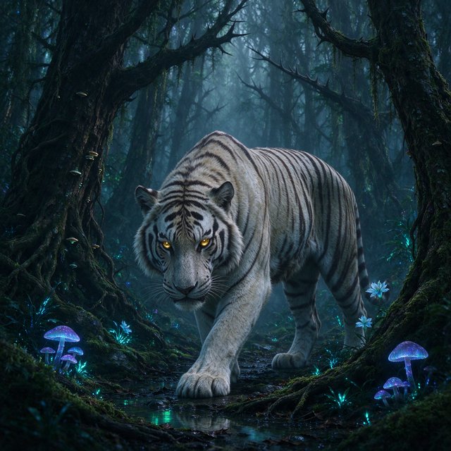 A majestic white tiger with eyes like molten gold, walking through a misty, ancient forest. Strange, bioluminescent flora casts an ethereal glow on the gnarled trees and moss-covered stones. The atmosphere is one of profound mystery and quiet solitude. Rendered in the style of detailed matte painting with a touch of dark fantasy concept art. — Seedream 5.0 Flash